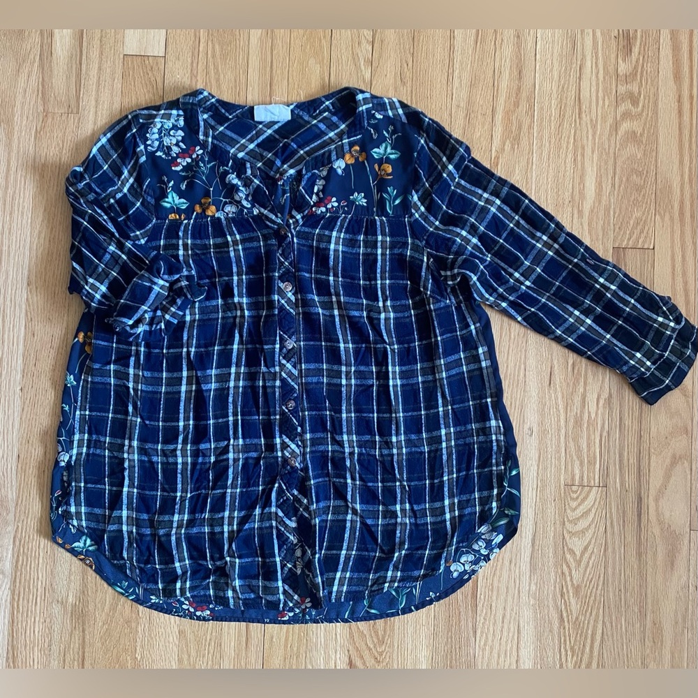 Westport Blue Plaid Shirt with Floral Accents 2X